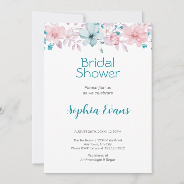 Pink and Blue Flowers White Bridal Shower Invitation (Front)
