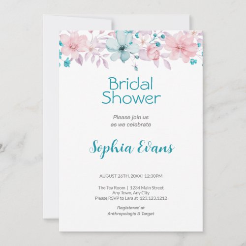Pink and Blue Flowers White Bridal Shower Invitation