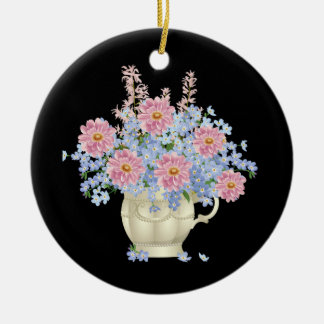 pink and blue flowers with black background ceramic ornament