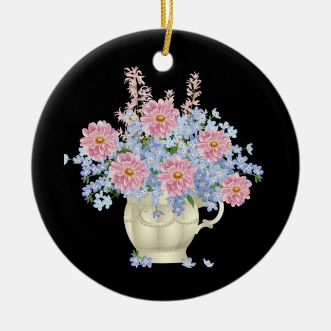 pink and blue flowers with black background ceramic ornament (Front)