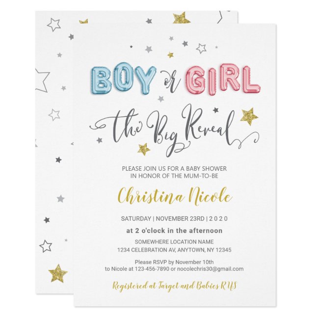 Pink and Blue Foil Balloons Baby Shower Invitation