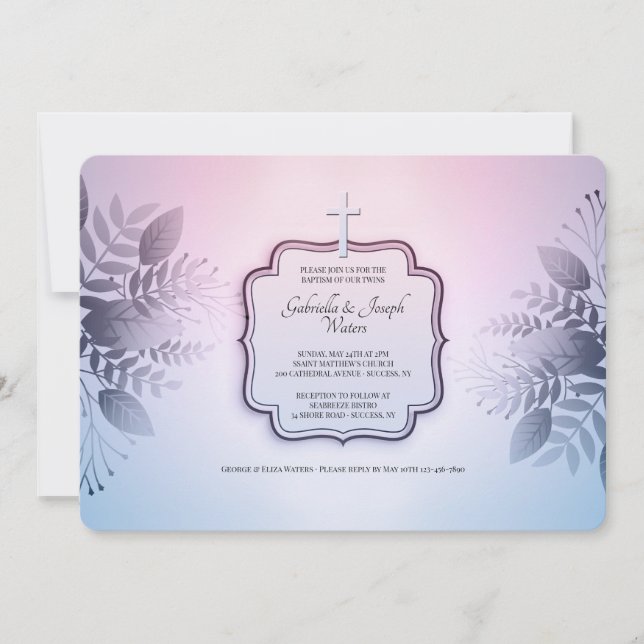 Pink and Blue Foliage Religious Invitation (Front)