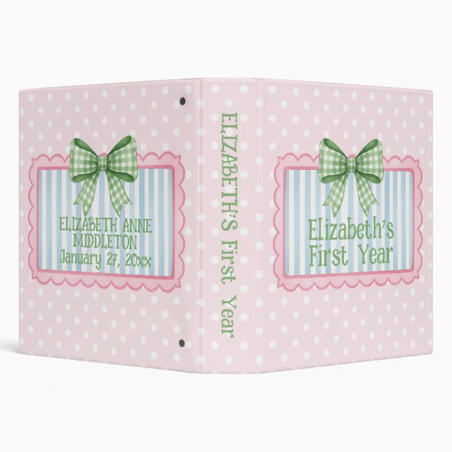Pink and Blue Frame With Green Gingham Bow Memory 3 Ring Binder (Background)