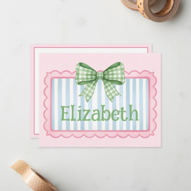 Pink and Blue Frame With Green Gingham Bow Note Card (Front/Back In Situ)