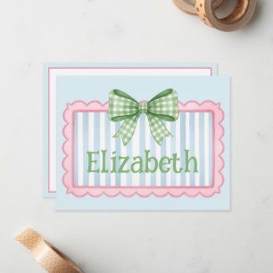 Pink and Blue Frame With Green Gingham Bow Note Card