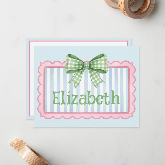 Pink and Blue Frame With Green Gingham Bow Note Card (Front/Back In Situ)