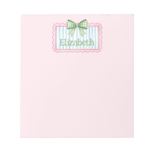Pink and Blue Frame With Green Gingham Bow Notepad (Front)