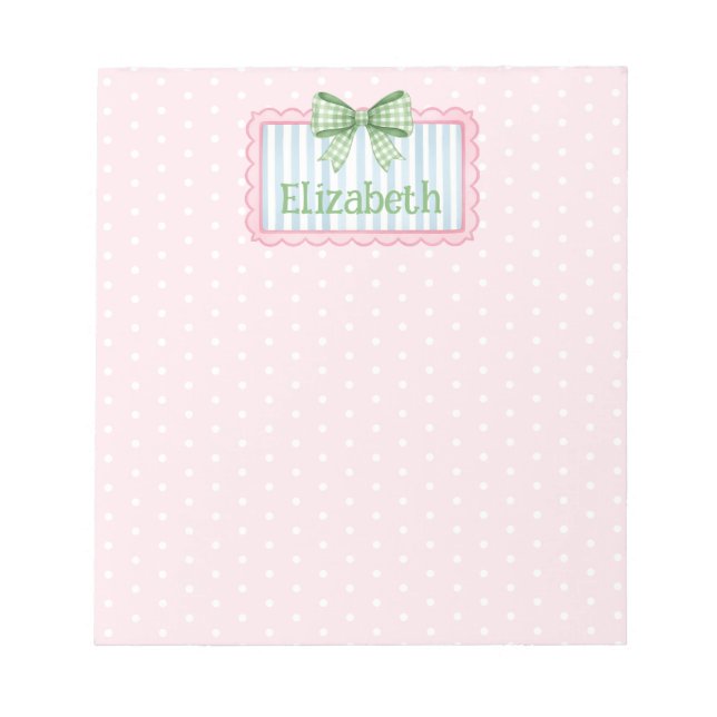 Pink and Blue Frame With Green Gingham Bow Notepad (Front)