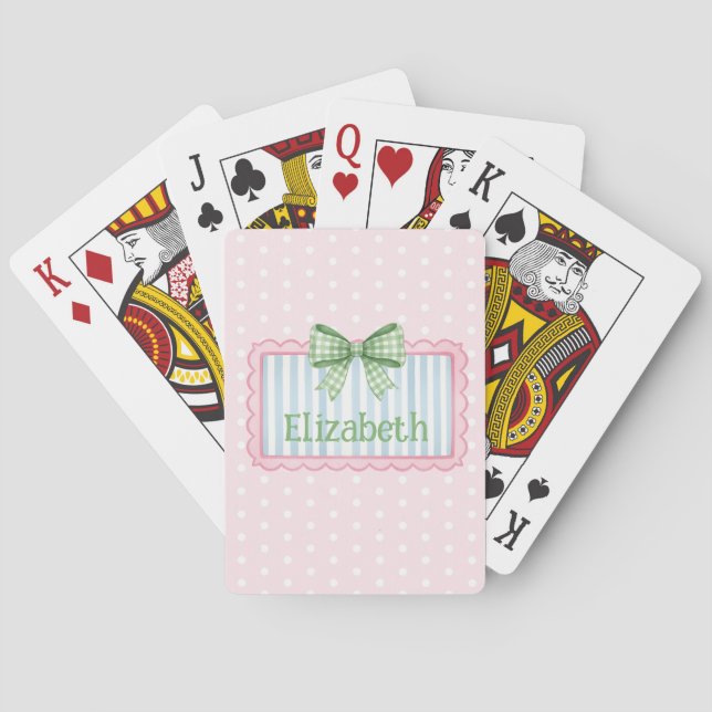 Pink and Blue Frame With Green Gingham Bow Poker Cards (Back)