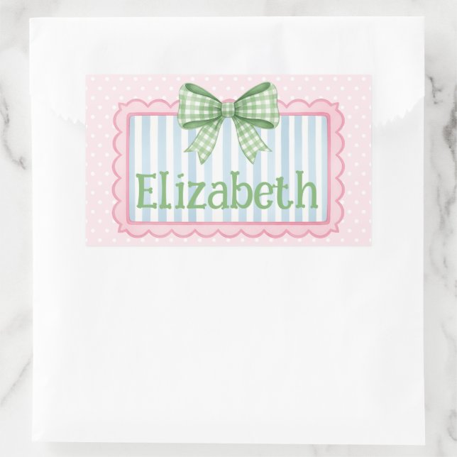 Pink and Blue Frame With Green Gingham Bow Rectangular Sticker (Bag)