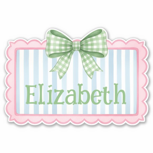 Pink and Blue Frame With Green Gingham Bow Sticker (Front)