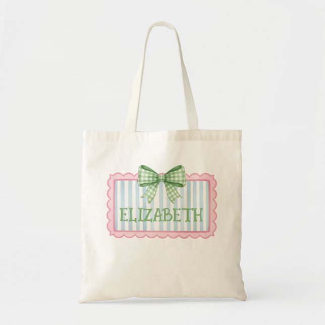 Pink and Blue Frame With Green Gingham Bow Tote Bag (Front)