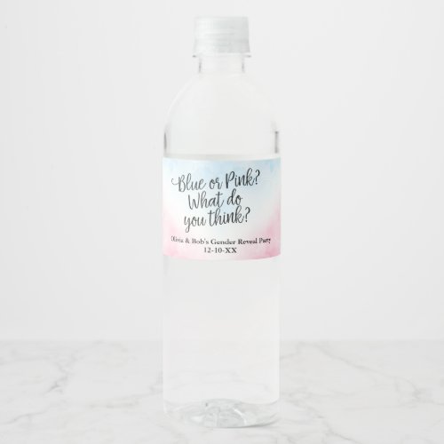 Pink and Blue Gender Reveal Script Baby Shower Water Bottle Label