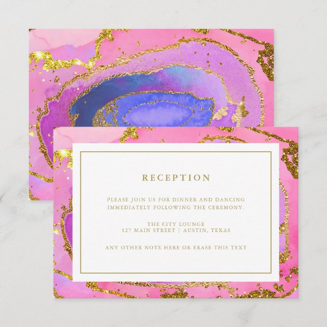 Pink and Blue Geode and Gold | Wedding Reception Invitation (Front/Back)
