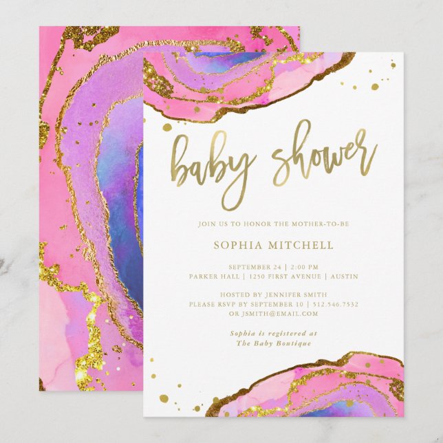 Pink and Blue Geode with Gold | Baby Shower Invitation (Front/Back)