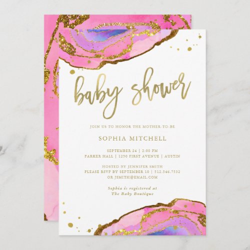 Pink and Blue Geode with Gold  Baby Shower Invitation