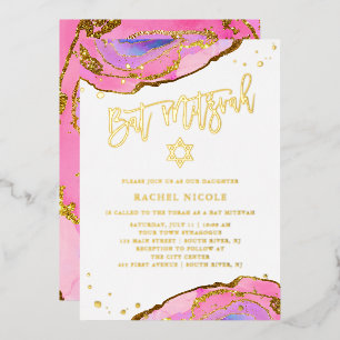 Pink and Blue Geode with Gold Bat Mitzvah Foil Invitation