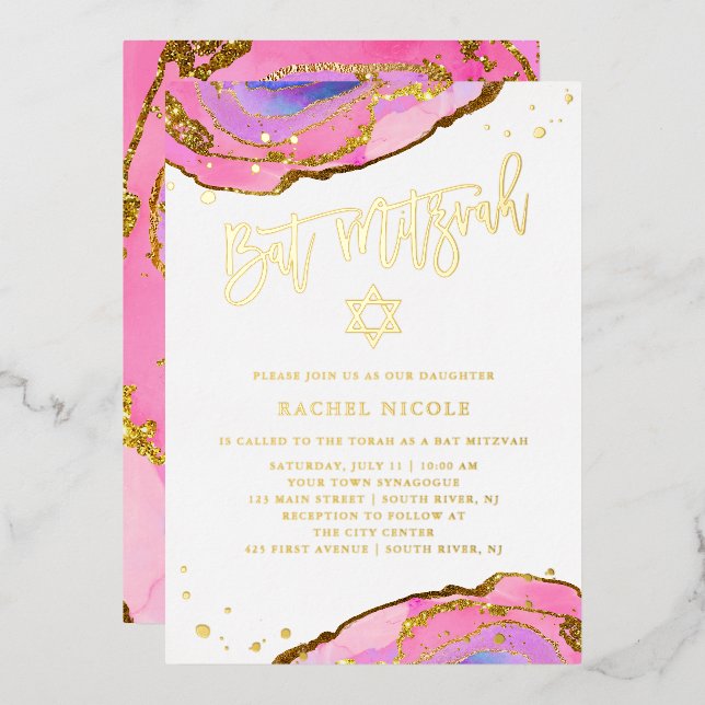 Pink and Blue Geode with Gold | Bat Mitzvah Foil Invitation (Front/Back)