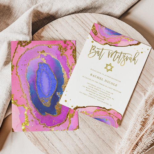 Pink and Blue Geode with Gold  Bat Mitzvah Invitation