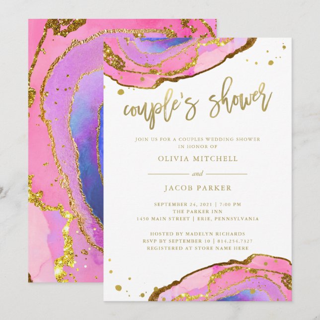 Pink and Blue Geode with Gold | Couples Shower Invitation (Front/Back)