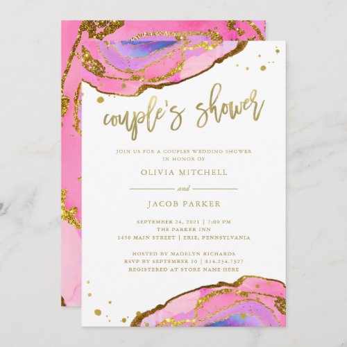 Pink and Blue Geode with Gold  Couples Shower Invitation