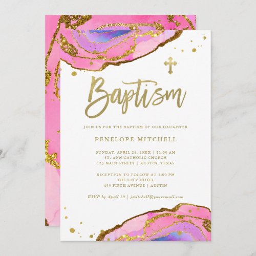 Pink and Blue Geode with Gold Cross  Baptism Invitation