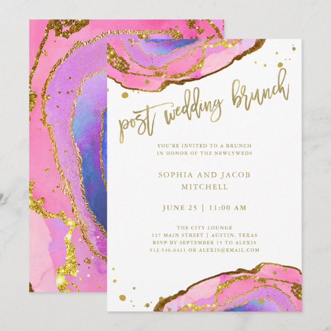 Pink and Blue Geode with Gold Post Wedding Brunch Invitation (Front/Back)