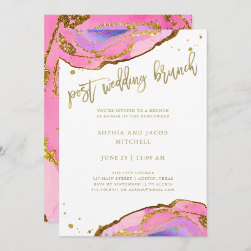 Pink and Blue Geode with Gold Post Wedding Brunch Invitation