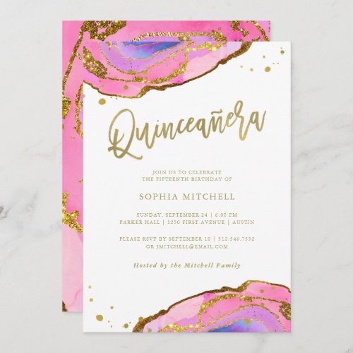 Pink and Blue Geode with Gold  Quinceanera Invitation