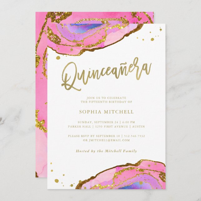 Pink and Blue Geode with Gold | Quinceanera Invitation (Front/Back)