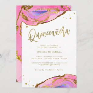 Pink and Blue Geode with Gold Quinceanera Invitation