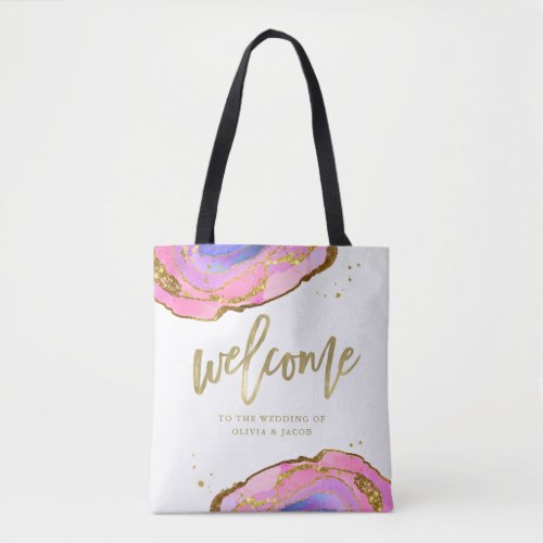 Pink and Blue Geode with Gold  Wedding Welcome Tote Bag
