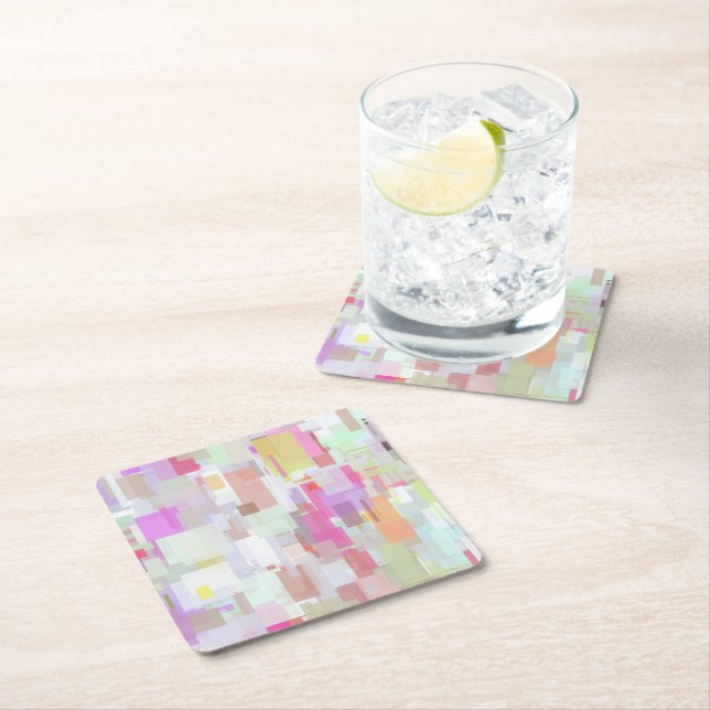 Pink and Blue Geometric Abstraction Square Paper Coaster (Insitu)