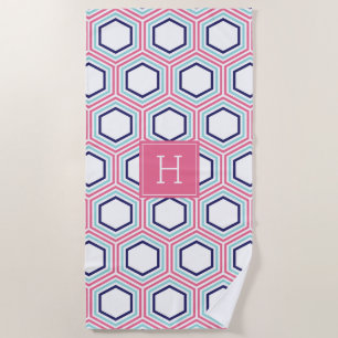 Pink and Blue Geometric Pattern and Monogram Beach Towel
