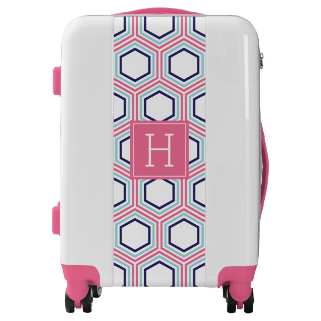 Pink and Blue Geometric Pattern and Monogram Luggage (Front)