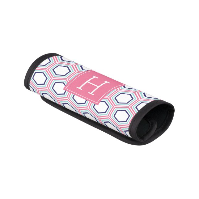 Pink and Blue Geometric Pattern Monogrammed Luggage Handle Wrap (Angled)