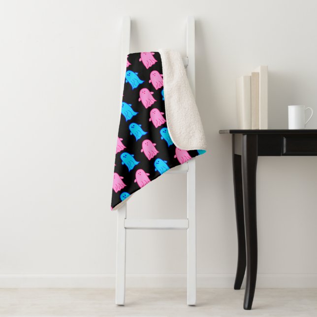 Pink and Blue Ghosts on Black  Sherpa Blanket (In Situ)