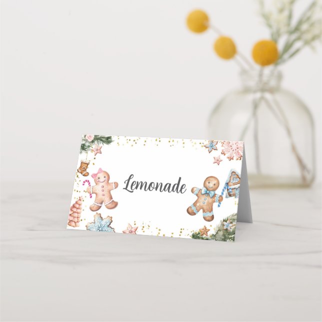 Pink and Blue Gingerbread Cookies Gender Reveal Place Card (Front)