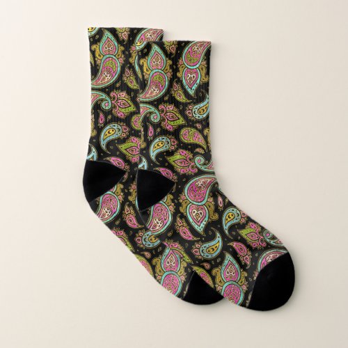 Pink and Blue glitter Gold Paisley  on black Socks