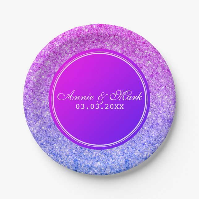 Pink And Blue Glitter- Save The Date Paper Plates (Front)