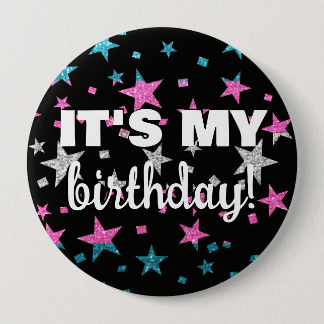 Pink and Blue Glitter Trans Stars It's My Birthday Button (Front)