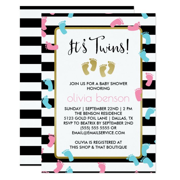 Pink And Blue Gold Footprints Twins Baby Shower Invitation