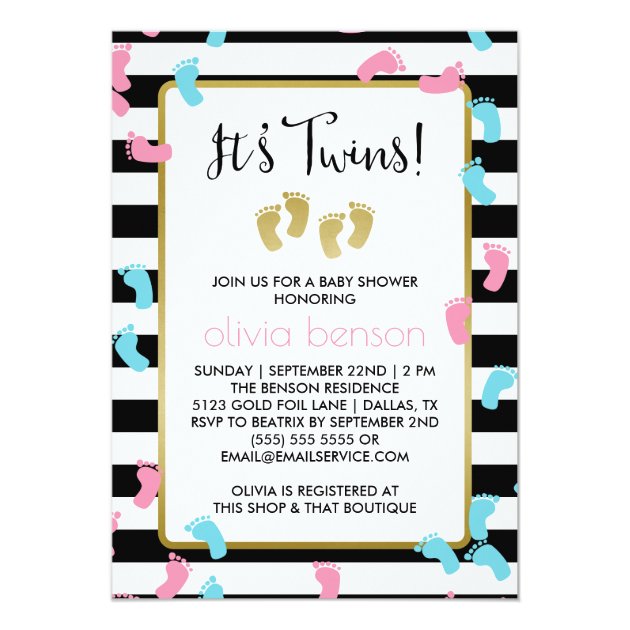 Pink And Blue Gold Footprints Twins Baby Shower Invitation