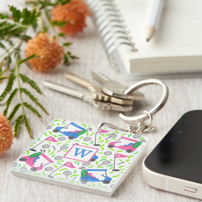 Pink and Blue Golf Cart Pattern Preppy Monogram Keychain (Front Right)