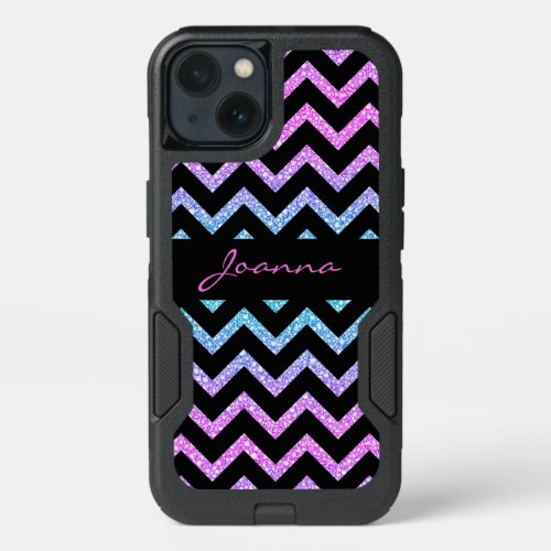 Pink And Blue Gradient Glitter And Black Chevron iPhone 13 Case