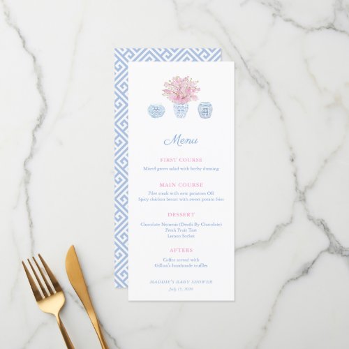 Pink And Blue Grandmillenial Baby Shower Luncheon Menu - Classic Ginger Jar menu card design to match my invitations and stationery in the same range. Please note you can change the contrast color on the reverse (currently a pale blue) by changing the background color on the reverse (underneath the text personalization boxes, click or tap to personalize further and enter the design tool).