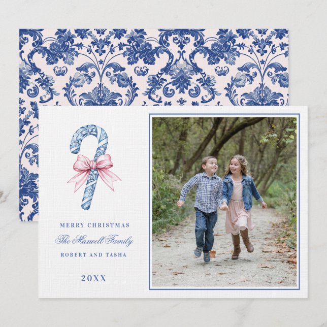 Pink and Blue Grandmillennial Candy Cane Photo Invitation (Front/Back)