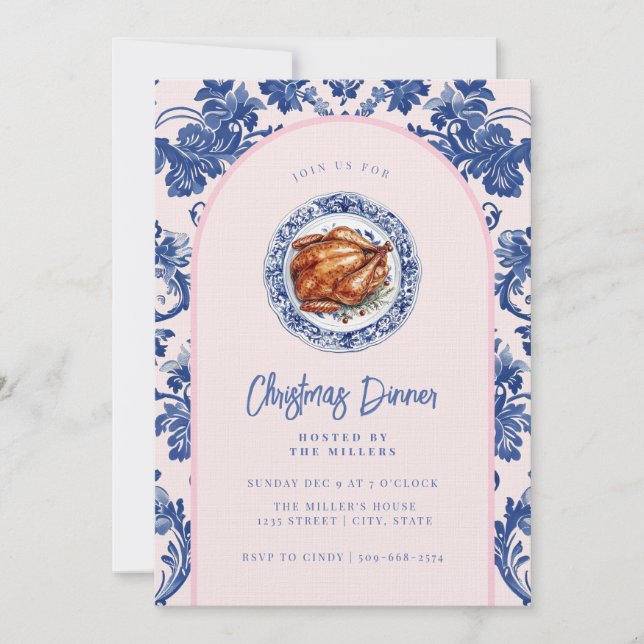 Pink and Blue Grandmillennial Christmas Dinner Invitation (Front)