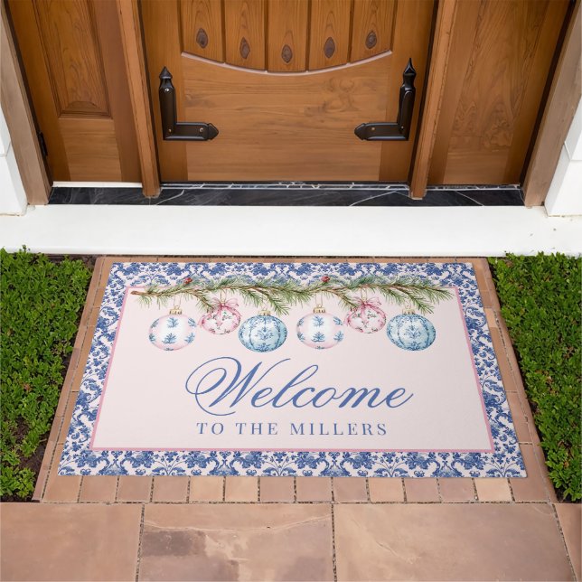 Pink and Blue Grandmillennial Christmas Ornaments Doormat (Outdoor)