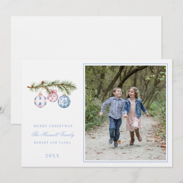 Pink and Blue Grandmillennial Christmas Ornaments Invitation (Front/Back)